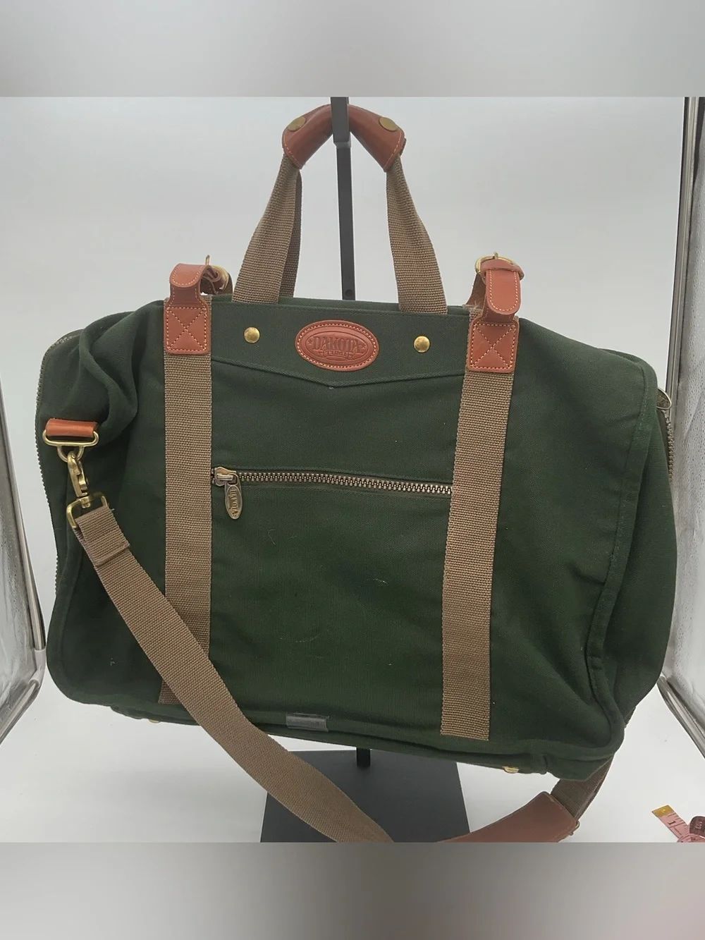 Tumi Dakota Green Canvas Duffel Suitcase with Brown Leather Trim